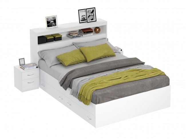 Кровать Виктория белая 140 с блоком, ящиками и  и 2 прикроватным фото