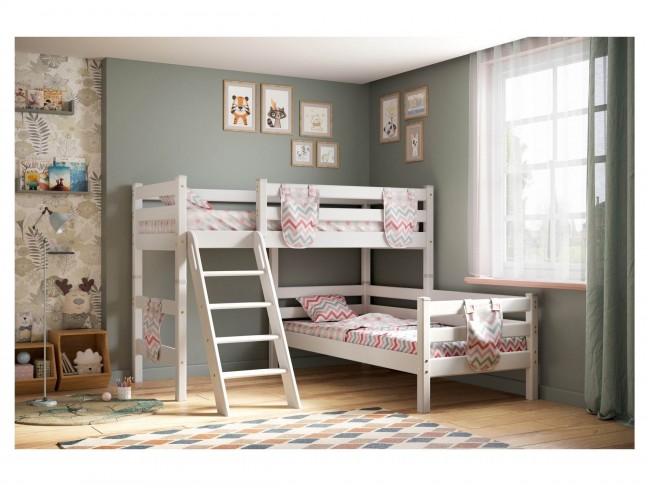 Кровать Соня (вариант 8) угловая с наклонной лестницей, белый фото