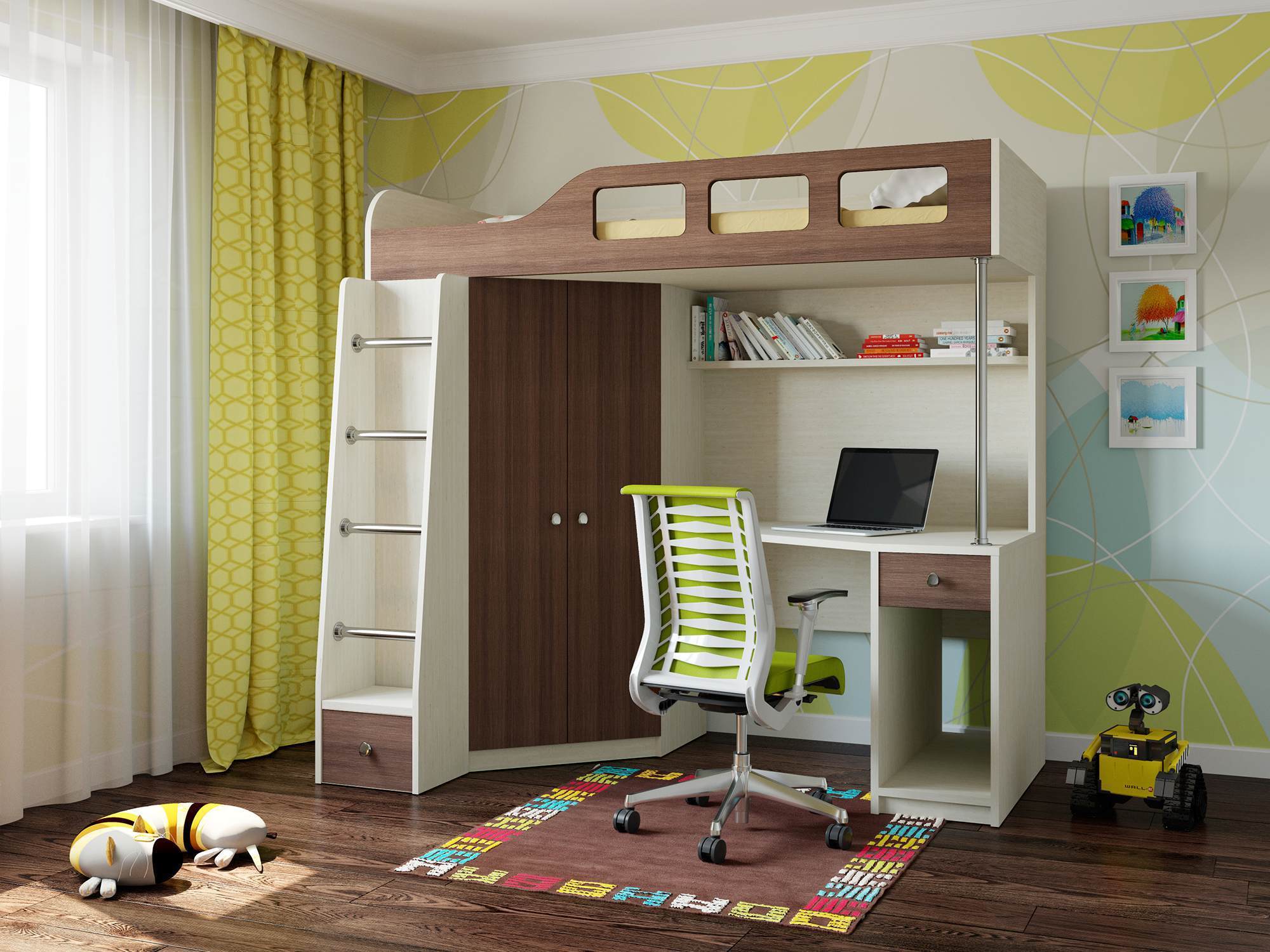Кровать двухэтажная детская и столом и шкафом